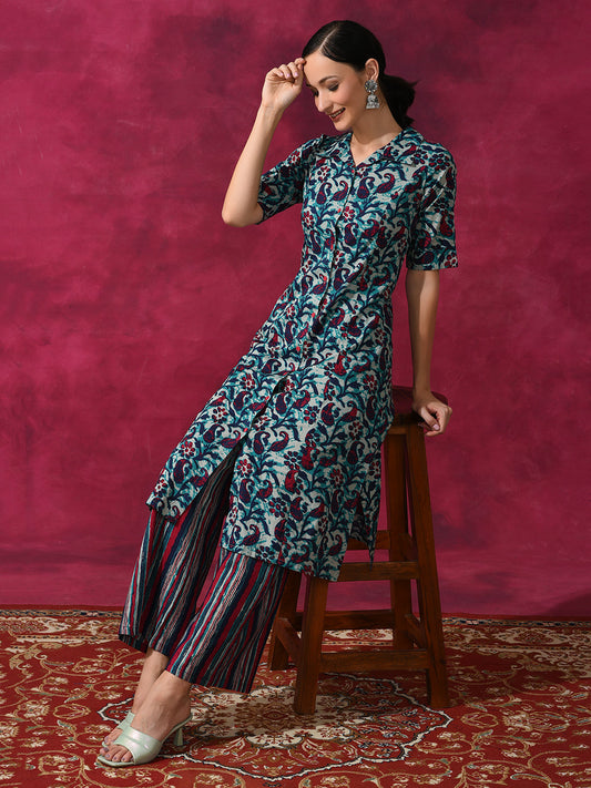 Cream Printed Cotton Kurta Set