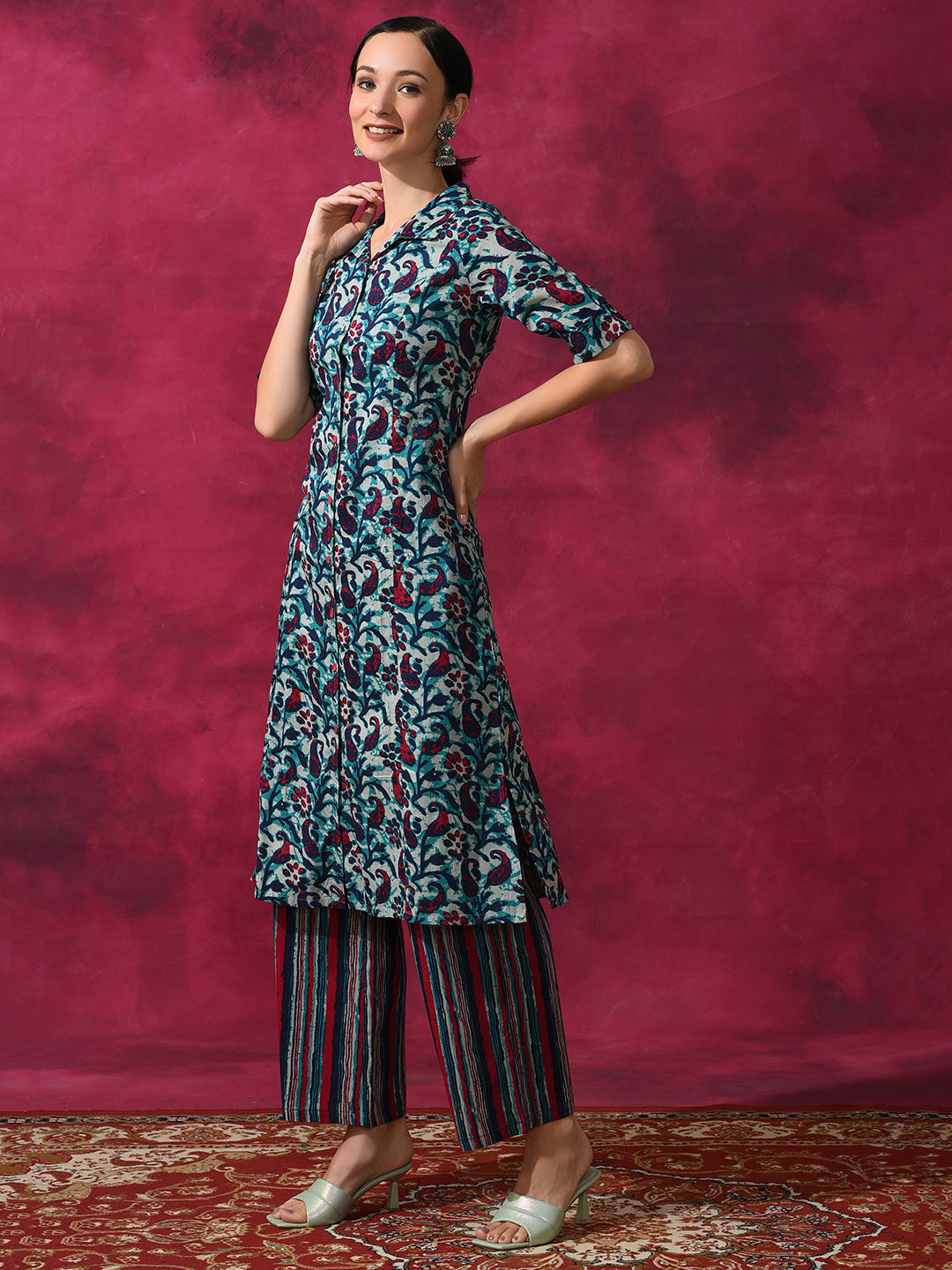 Cream Printed Cotton Kurta Set