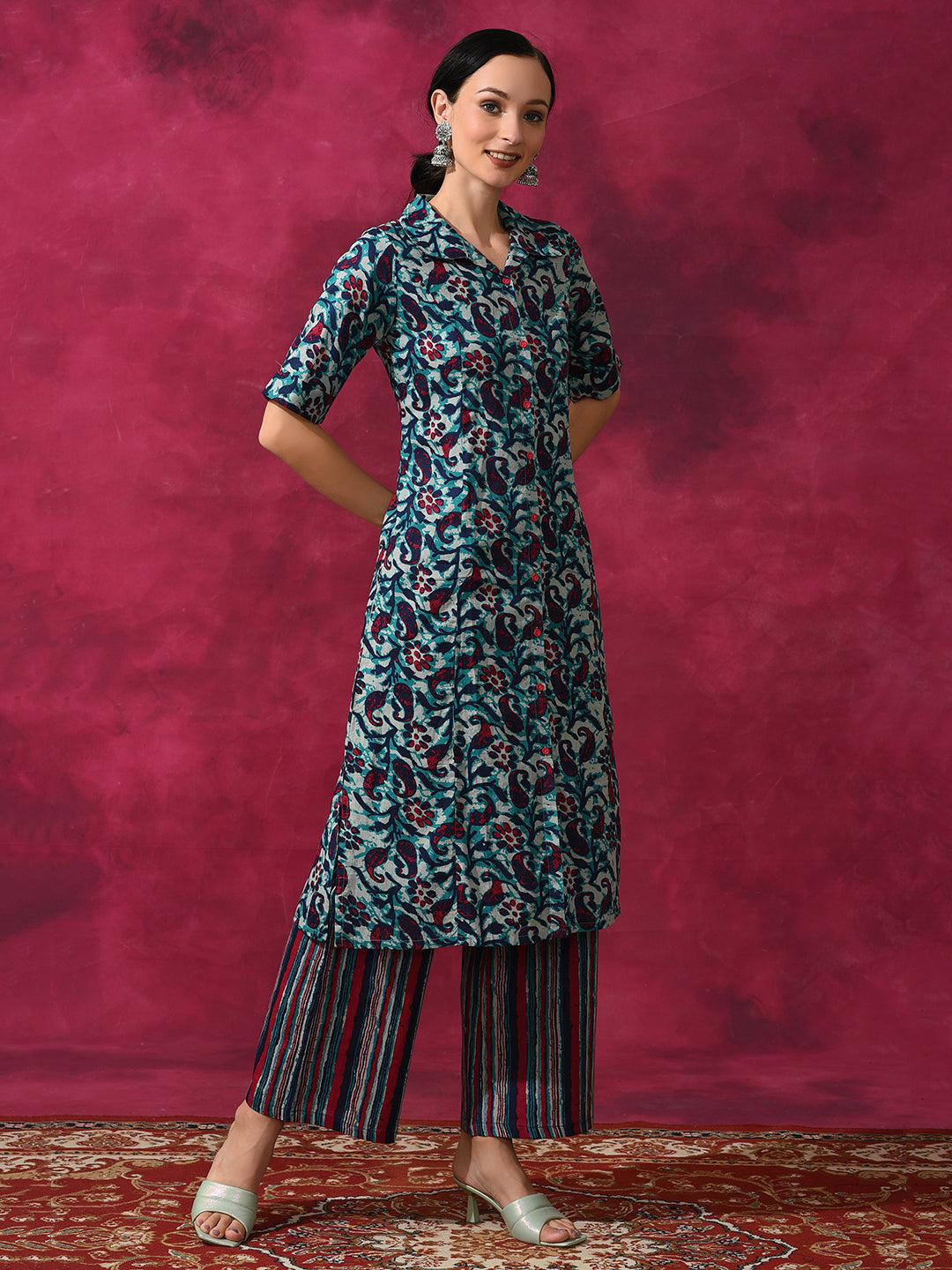 Cream Printed Cotton Kurta Set