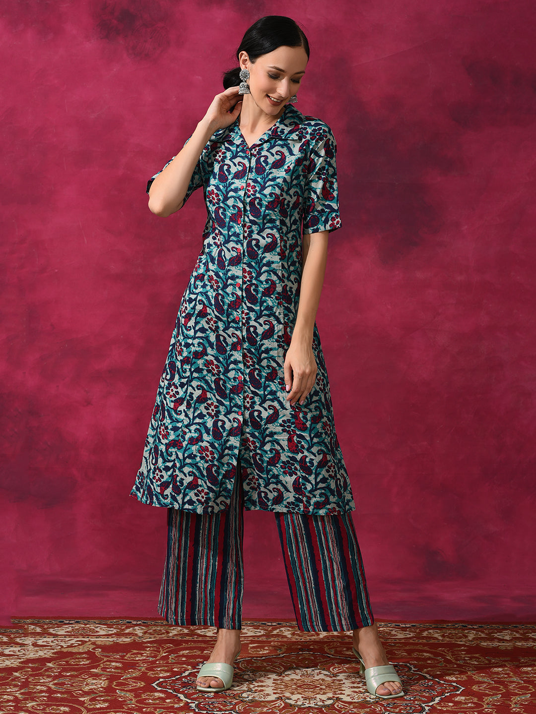 Cream Printed Cotton Kurta Set