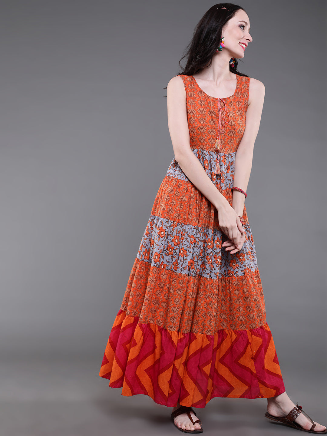 Orange & Grey Floral Print Flared Maxi Dress