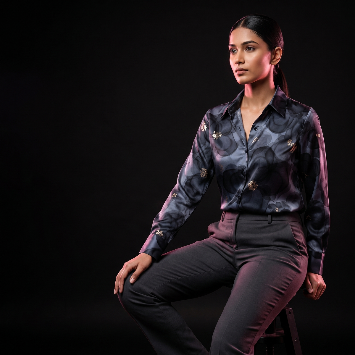 Midnight Foil - AI model sitting