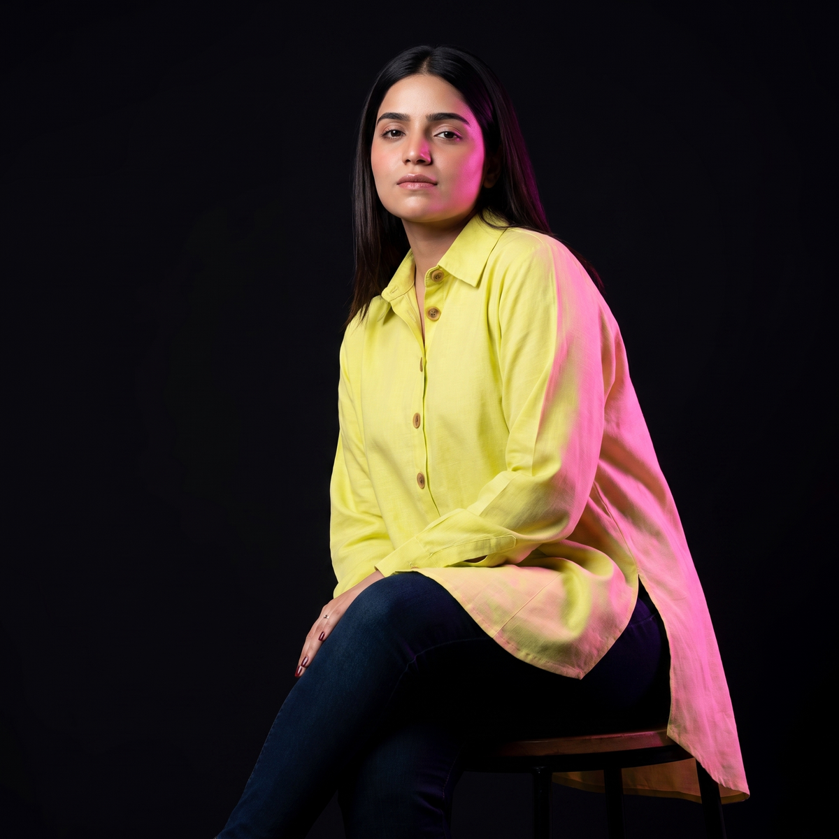 Yellow Drawcord - AI model sitting