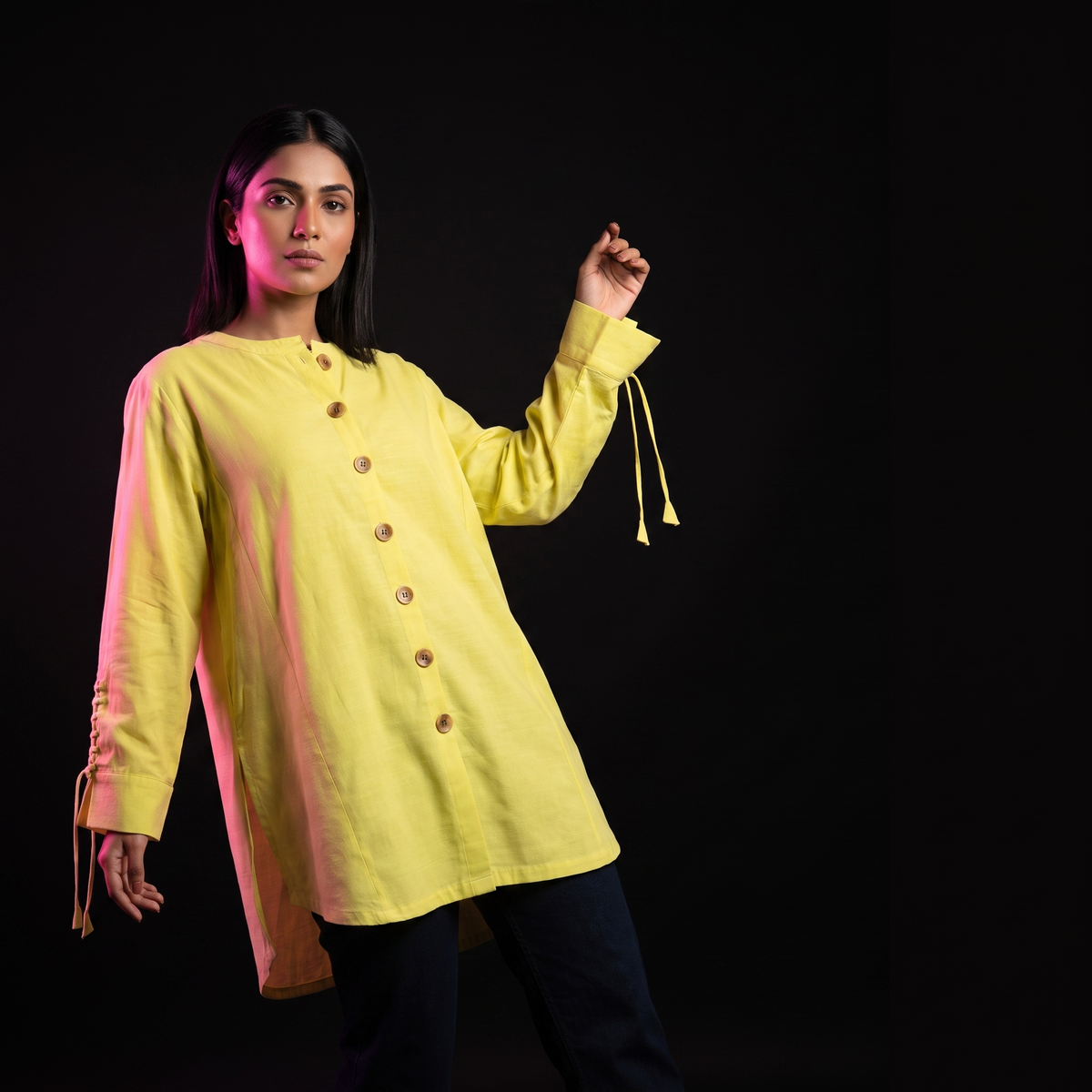 Yellow Drawcord - AI model standing
