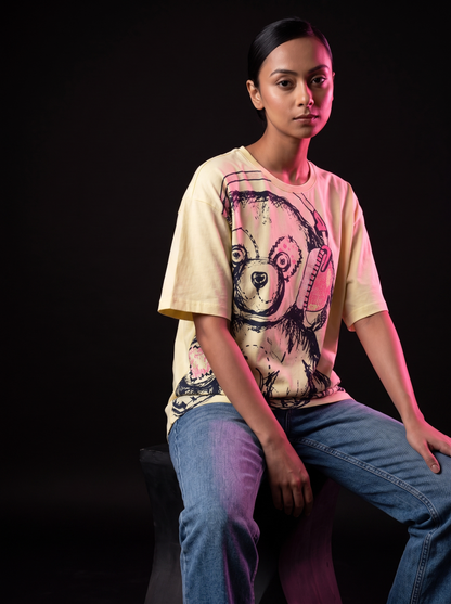 Pup - AI editorial fashion photo, sitting pose, black studio background