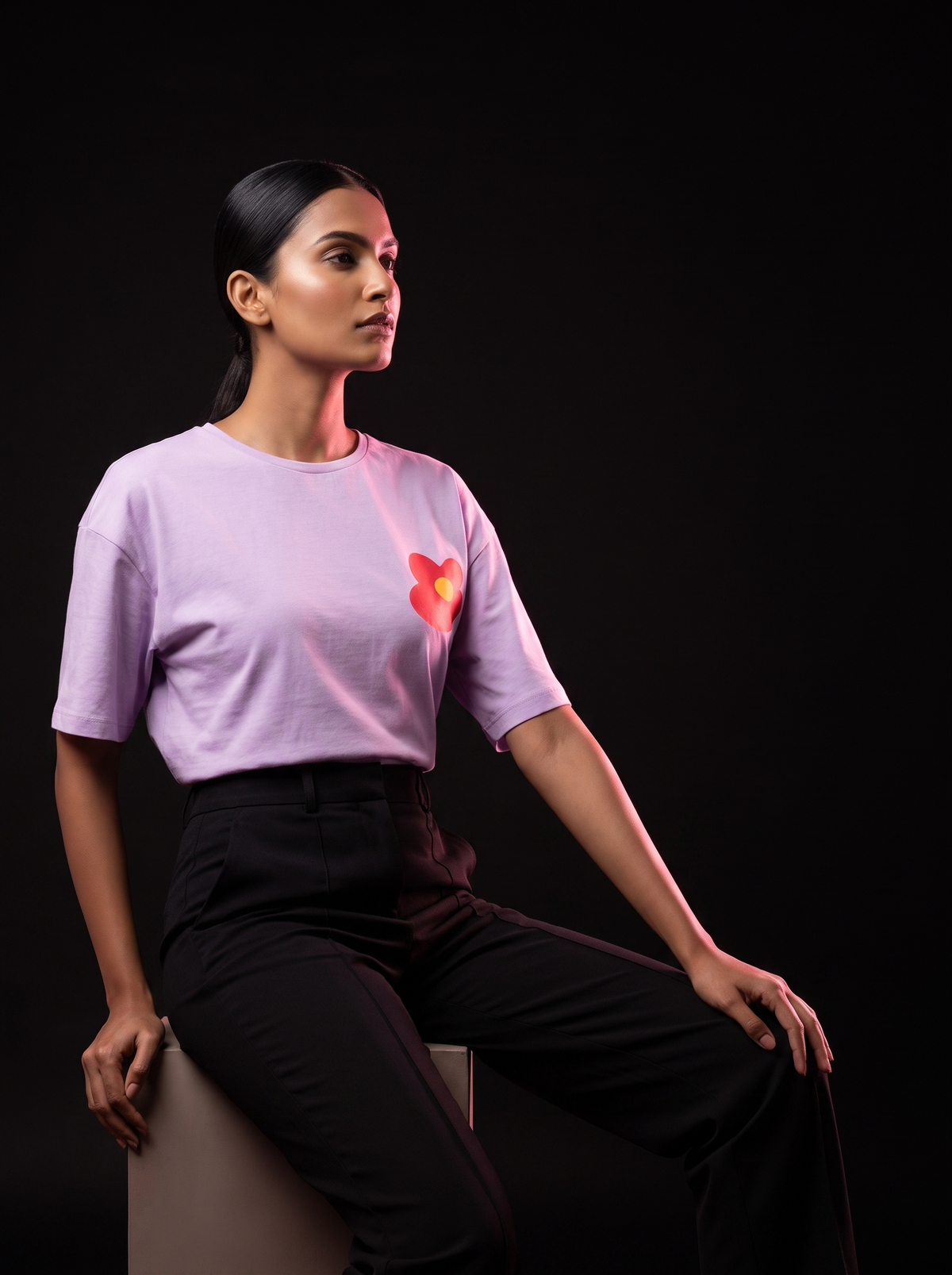 UNIQSTOP - SB213 - AI editorial fashion photo, sitting pose, black studio background