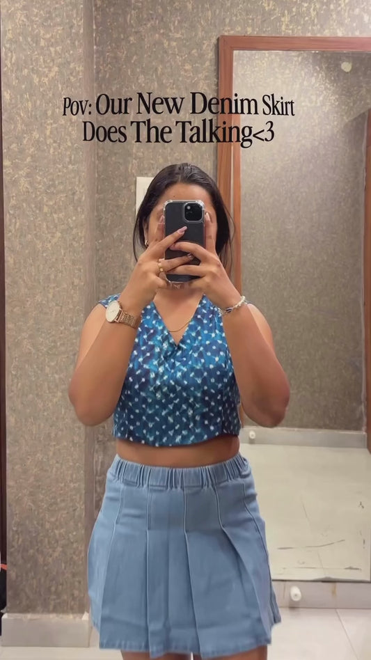 Edge Pleated Denim Mini Skirt
